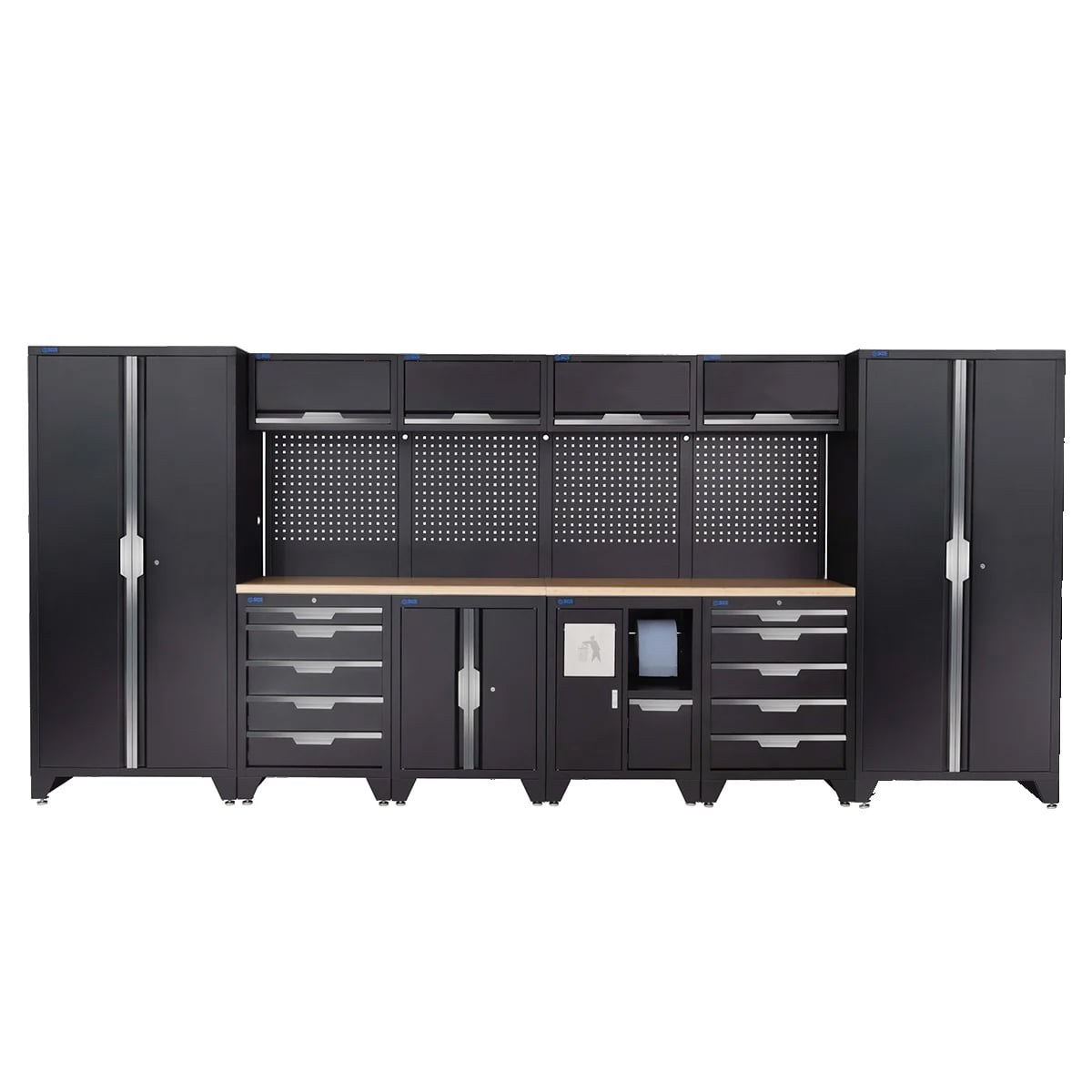 SGS 14pc Garage Storage System | 10 Drawers | Pressed Wood Worktop | Floor Cabinet | Tall Single & Double Cabinets | Bin Unit